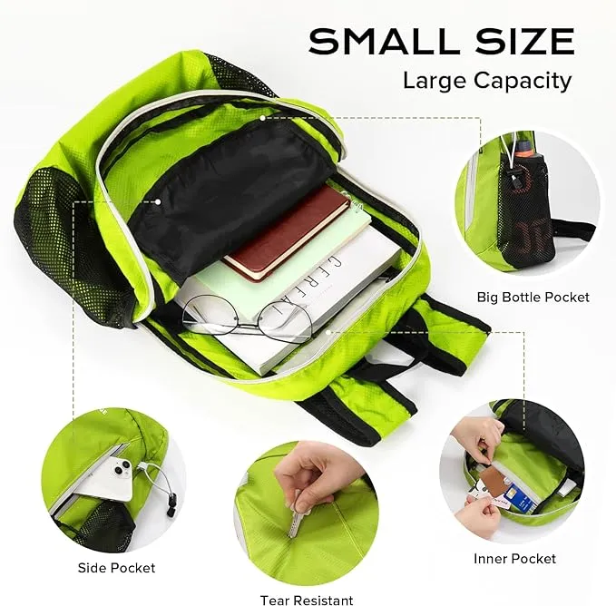 15L Highly Water-resistant Hiking Daypack, Small Backpack Travel Outdoor, Lightweight Day Pack with Tool Loops(Fluorescent Green)