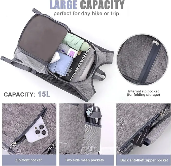 15L Hiking Backpack Small Travel Backpack Lightweight Packable Backpacks Casual Daypack for Women and Men, Light Grey