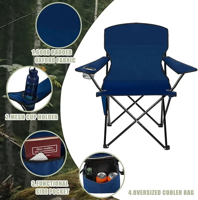 2 Pack Oversized Folding Camping Chairs Heavy Duty Lawn Chairs with Carrying Bag Cup Holder Portable Collapsible Chairs for Outdoor Sports Garden Beach(Navy Blue, 35.8 x 23.6 x 37.8 Inches)