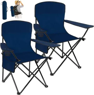 2 Pack Oversized Folding Camping Chairs Heavy Duty Lawn Chairs with Carrying Bag Cup Holder Portable Collapsible Chairs for Outdoor Sports Garden Beach(Navy Blue, 35.8 x 23.6 x 37.8 Inches)