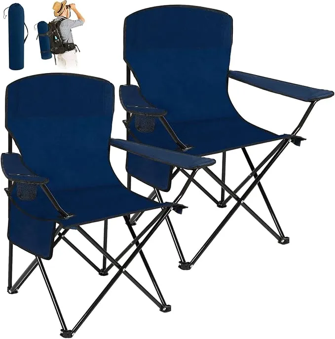 2 Pack Oversized Folding Camping Chairs Heavy Duty Lawn Chairs with Carrying Bag Cup Holder Portable Collapsible Chairs for Outdoor Sports Garden Beach(Navy Blue, 35.8 x 23.6 x 37.8 Inches)