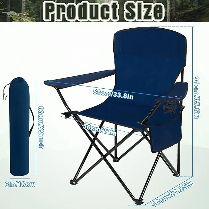 2 Pack Oversized Folding Camping Chairs Heavy Duty Lawn Chairs with Carrying Bag Cup Holder Portable Collapsible Chairs for Outdoor Sports Garden Beach(Navy Blue, 35.8 x 23.6 x 37.8 Inches)