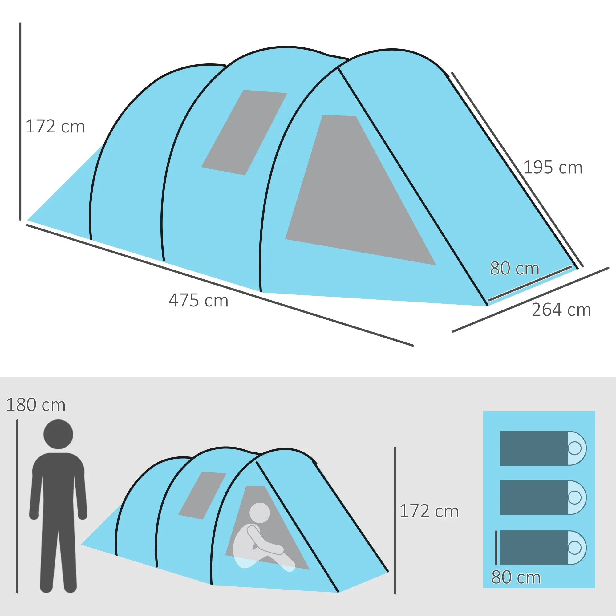 3-4 Man Tunnel Tent Two Room Camping Tent with Windows and Covers Portable Carry Bag for Fishing Hiking Sports Festival - Blue