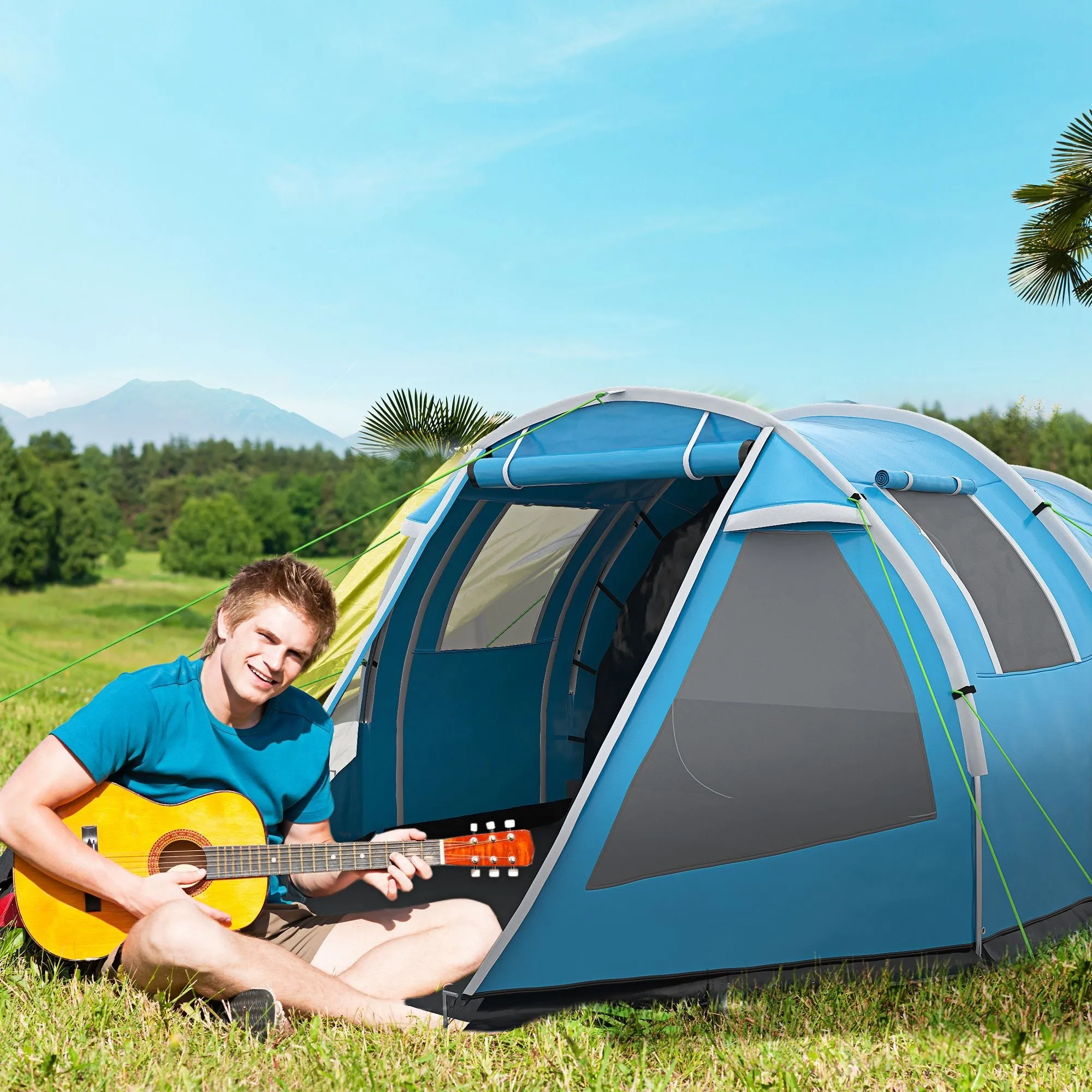 3-4 Man Tunnel Tent Two Room Camping Tent with Windows and Covers Portable Carry Bag for Fishing Hiking Sports Festival - Blue