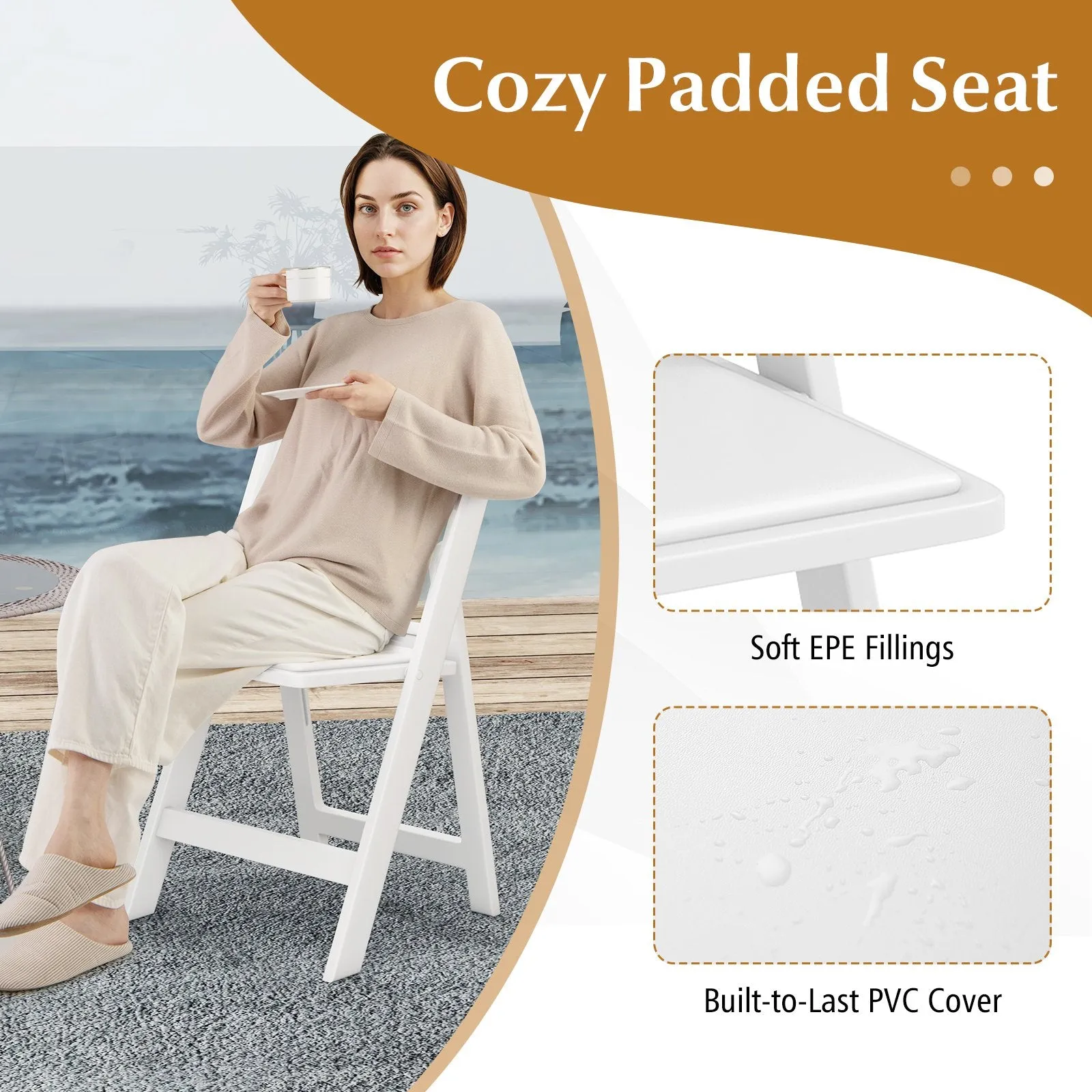 4 Pack All-Weather Folding Dining Chair Set with Padded Seat and Back -White