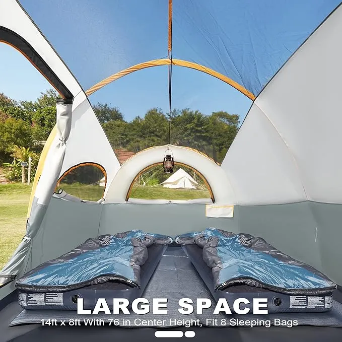 8 Person Tent for Camping, Waterproof Windproof Family Tent with Rainfly, Divided Curtain Design for Privacy Space, Portable with Carry Bag