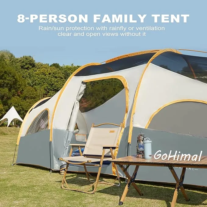 8 Person Tent for Camping, Waterproof Windproof Family Tent with Rainfly, Divided Curtain Design for Privacy Space, Portable with Carry Bag