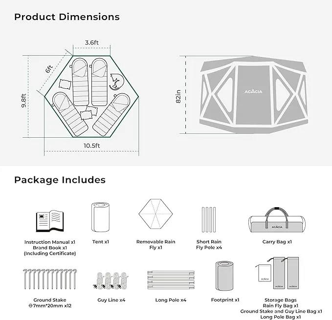 ACACIA Space Camping Tent XL, 4-6 Person Large Family Tent with 6'10'' Height, 2 Doors, 8 Windows, Waterproof Pop Up Easy Setup Hub Tent with Rainfly, Footprint for Car Camping, Glamping, Star Night