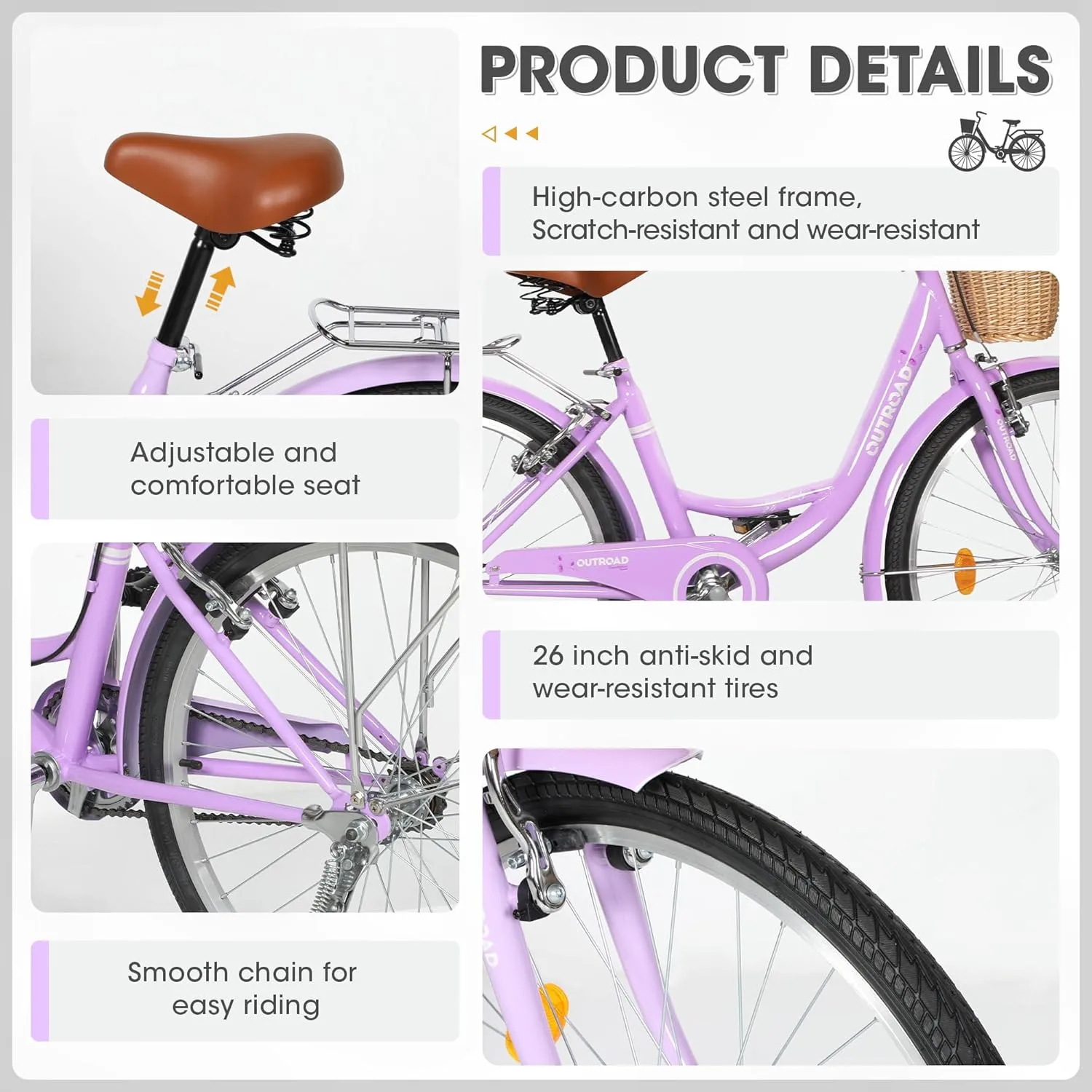 Beach Cruiser Bike for Women and Men, 24 26 inch Female Commuter Bicycle with Basket, 1 Speed Womens Bike with Rear Rack/High-Carbon Steel/Front & Rear Fenders, Multi Color