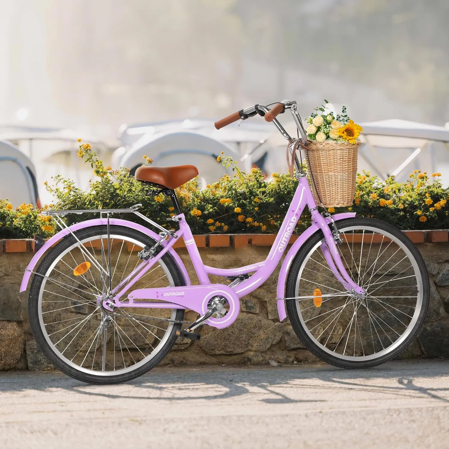 Beach Cruiser Bike for Women and Men, 24 26 inch Female Commuter Bicycle with Basket, 1 Speed Womens Bike with Rear Rack/High-Carbon Steel/Front & Rear Fenders, Multi Color