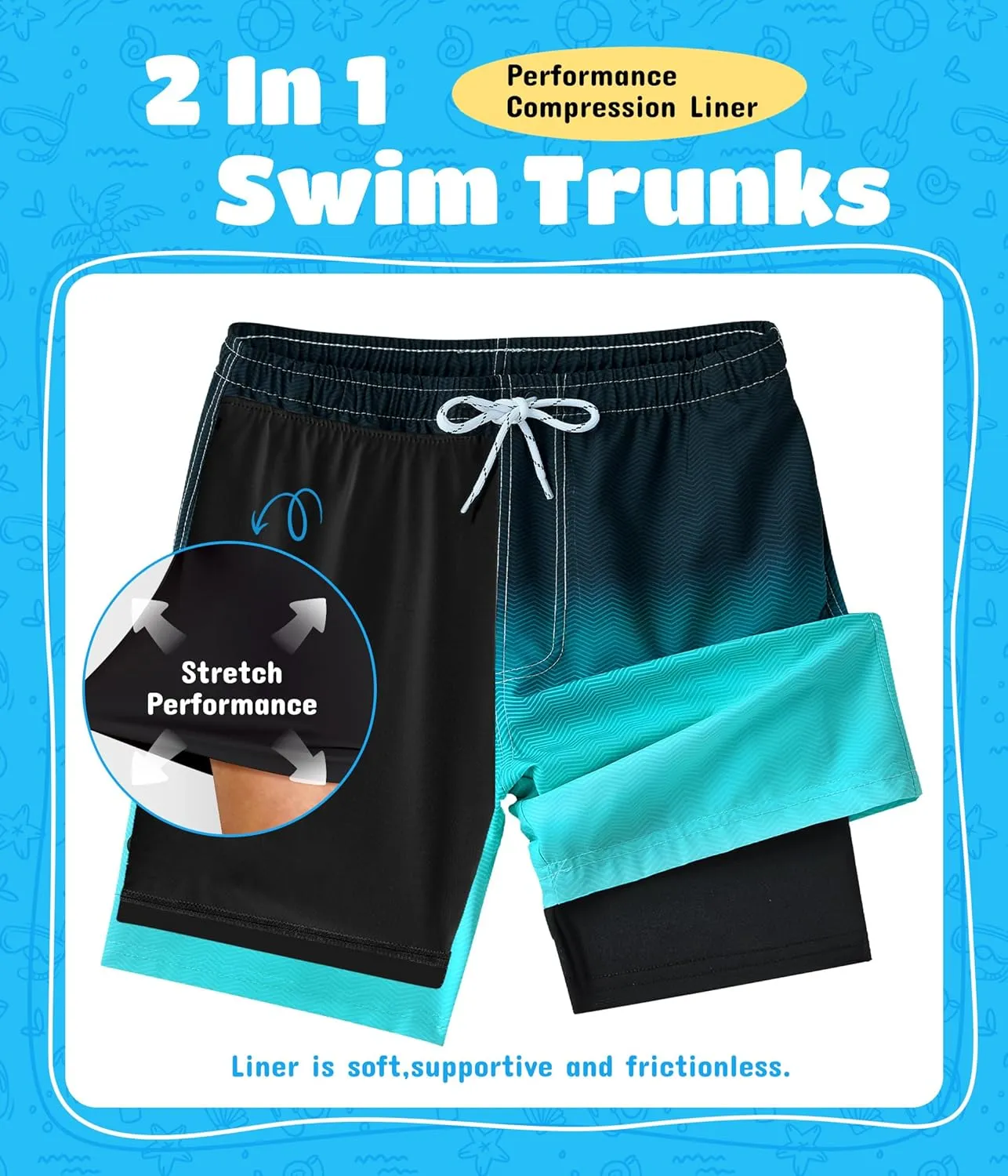 Boys Swim Trunks with Compression Liner Quick Dry Swim Shorts Summer Beach Shorts