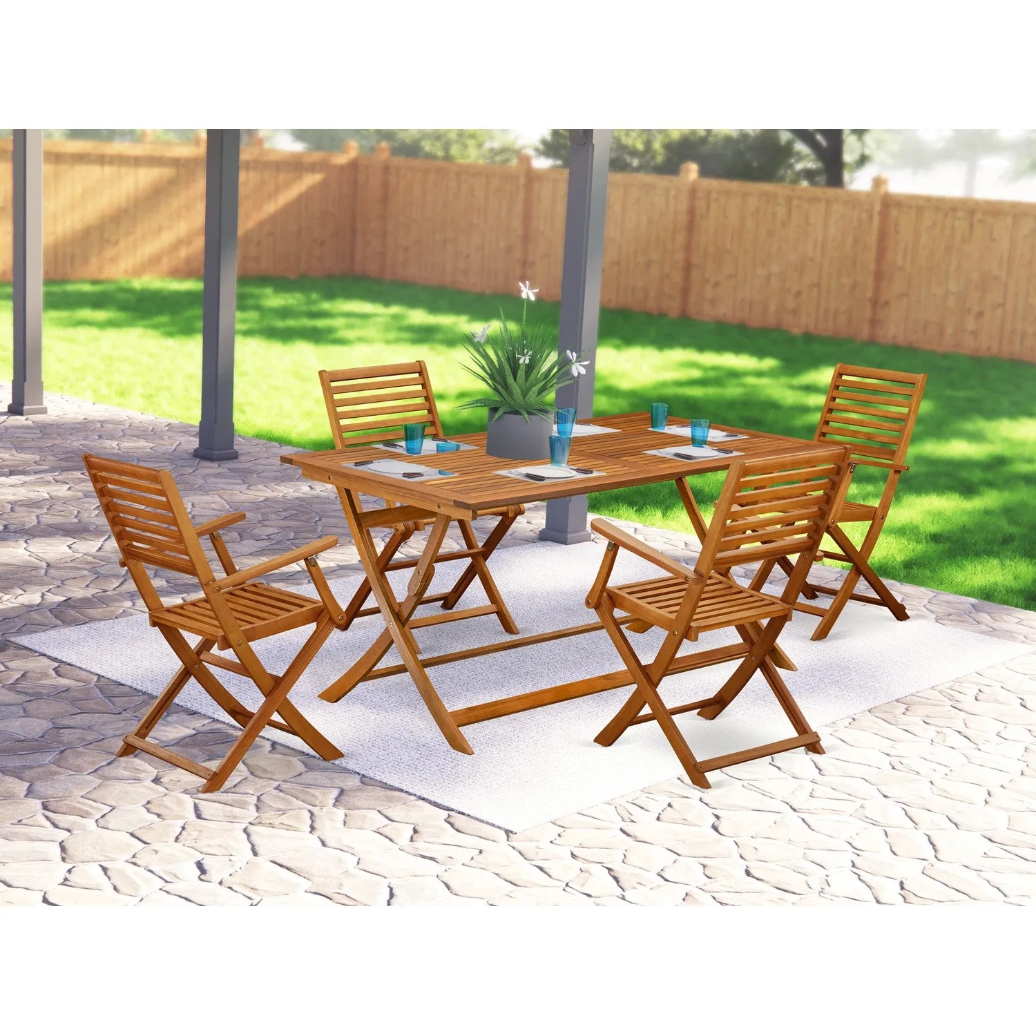 East West Furniture AEBS5CANA 5 Piece Patio Garden Table Set Includes a Rectangle Outdoor Acacia Wood Dining Table and 4 Folding Arm Chairs, 36x60 Inch, Natural Oil