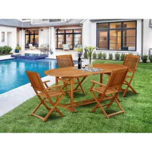 East West Furniture BSCM5CANA 5 Piece Patio Bistro Dining Furniture Set Includes an Oval Outdoor Acacia Wood Table and 4 Folding Arm Chairs, 36x78 Inch, Natural Oil