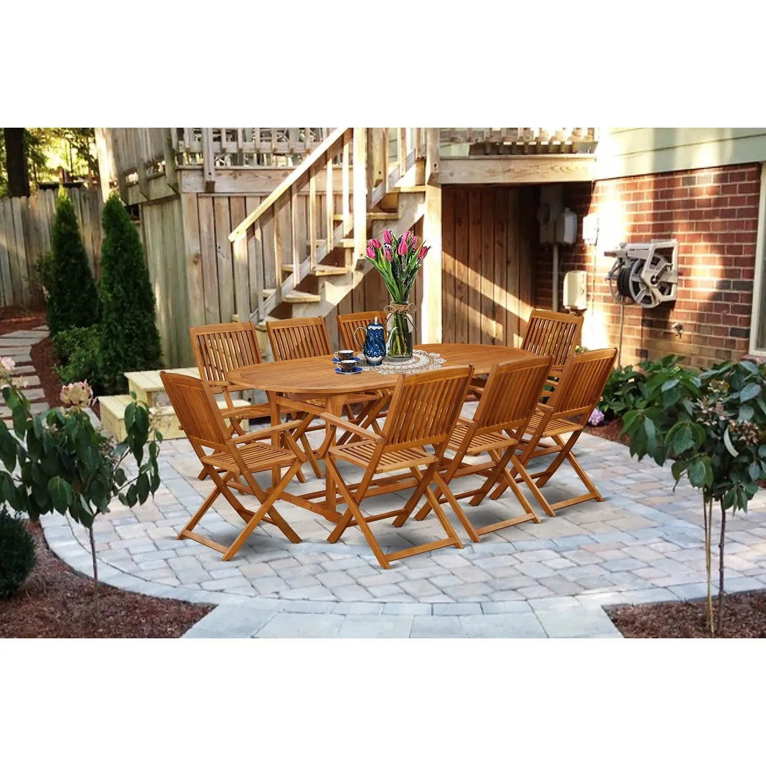 East West Furniture BSCM9CANA 9 Piece Outdoor Patio Dining Sets Includes an Oval Acacia Wood Table and 8 Folding Arm Chairs, 36x78 Inch, Natural Oil