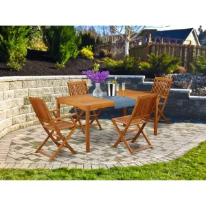 East West Furniture CMCM52CANA 5 Piece Patio Dining Set Includes a Rectangle Outdoor Acacia Wood Table and 2 Folding Arm Chairs with 2 Side Chairs, 36x66 Inch, Natural Oil