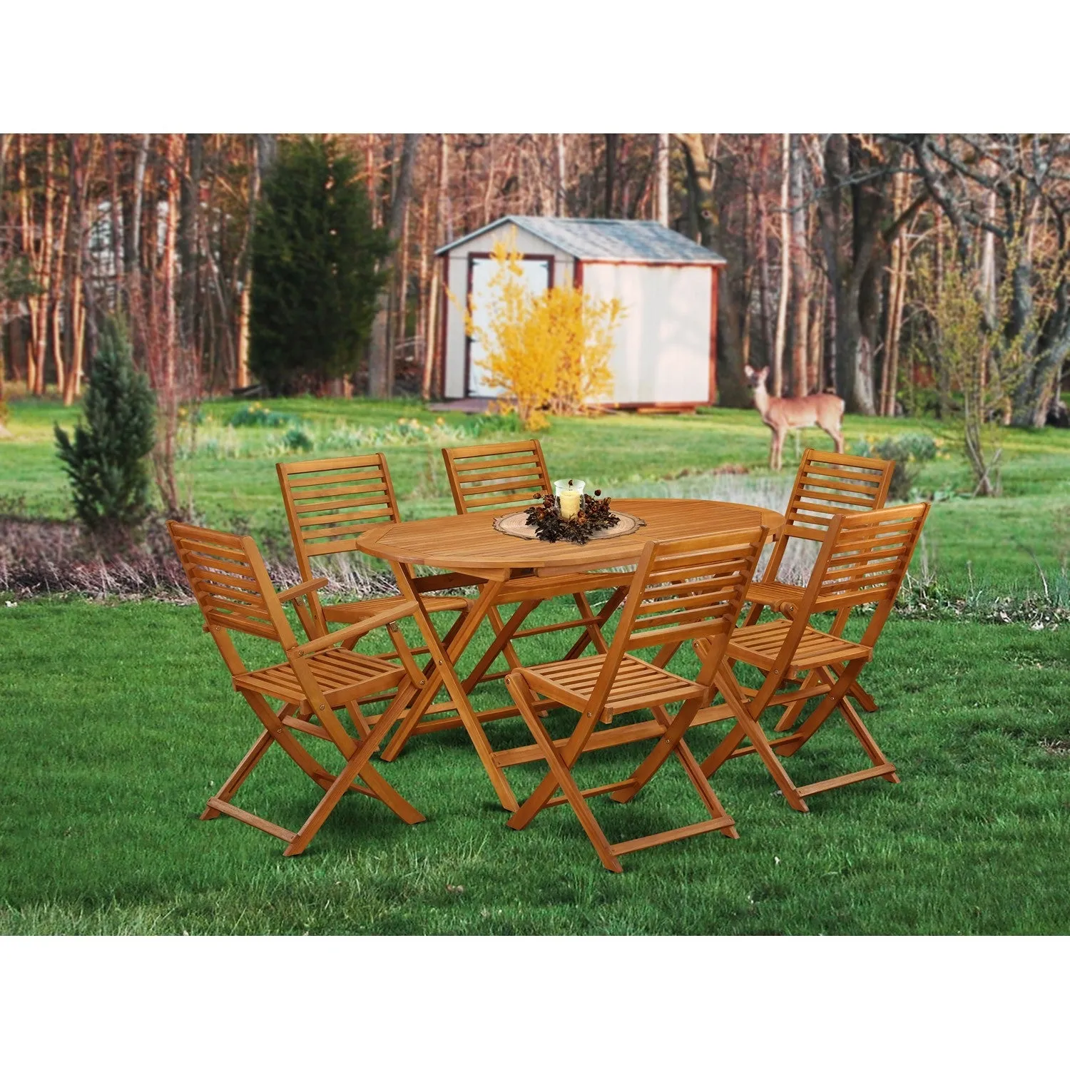 East West Furniture DIBS72CANA 7 Piece Patio Dining Set Consist of an Oval Outdoor Acacia Wood Table and 2 Folding Arm Chairs with 4 Side Chairs, 36x60 Inch, Natural Oil