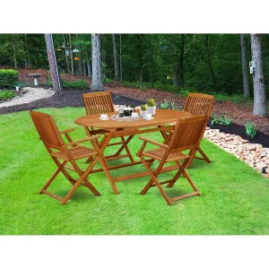 East West Furniture DICM5CANA 5 Piece Patio Bistro Dining Furniture Set Includes an Oval Outdoor Acacia Wood Table and 4 Folding Arm Chairs, 36x60 Inch, Natural Oil