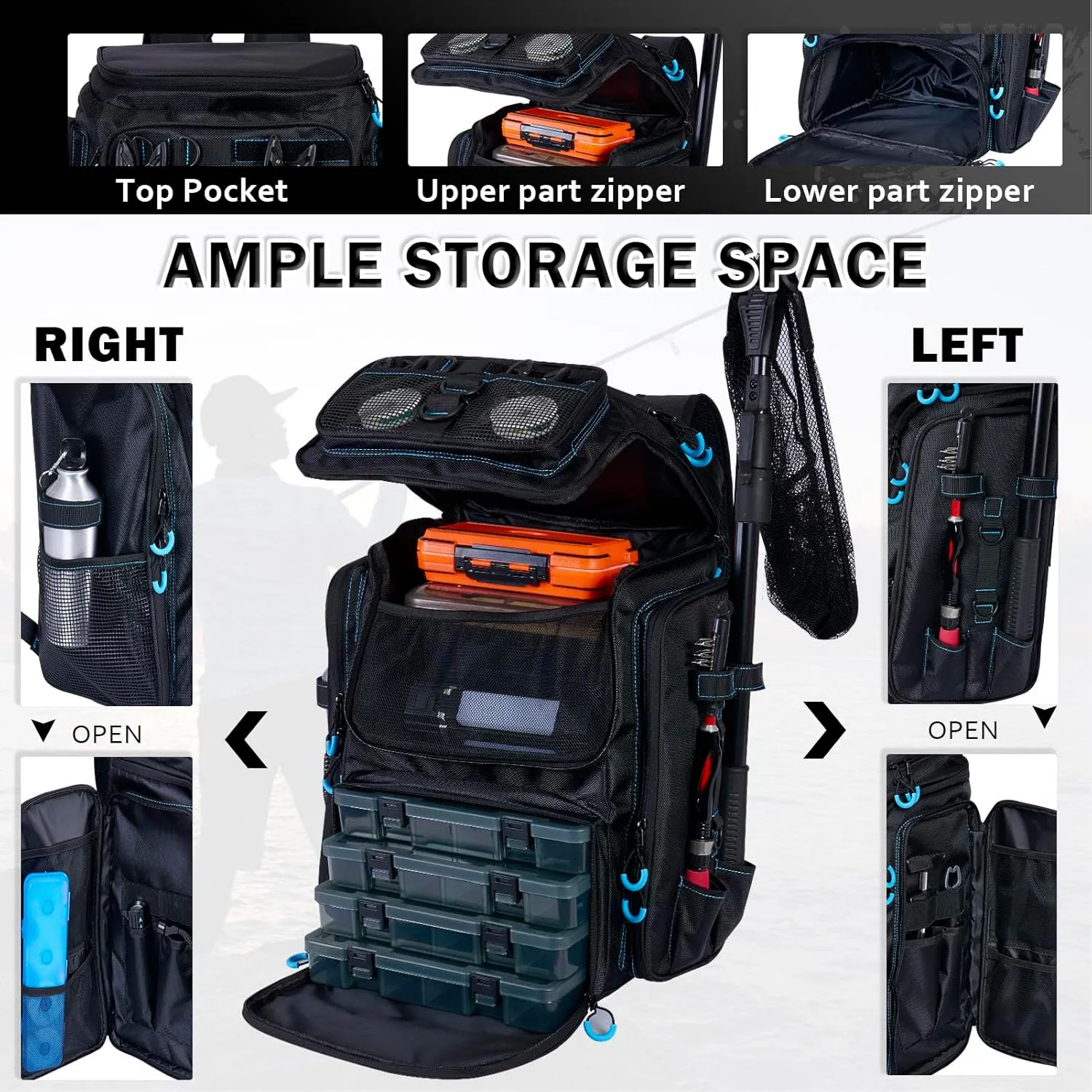 Fishing Backpack with Rod Holders,900D Oxford Water-Resistant Fishing Gear,42L Large Storage Tackle Bag for Men