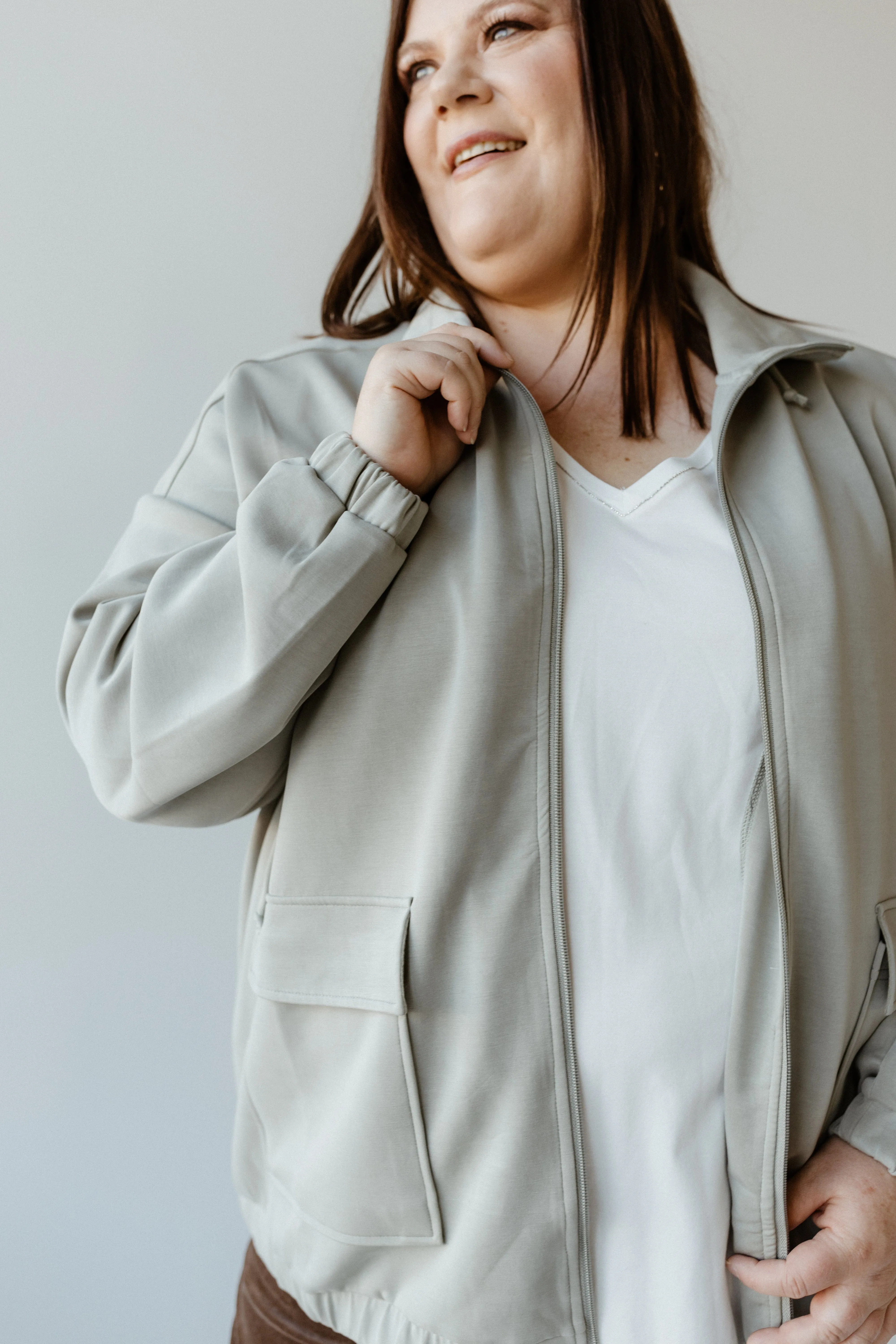 LIGHT AS AIR ZIP-UP JACKET IN EVERGREEN FOG