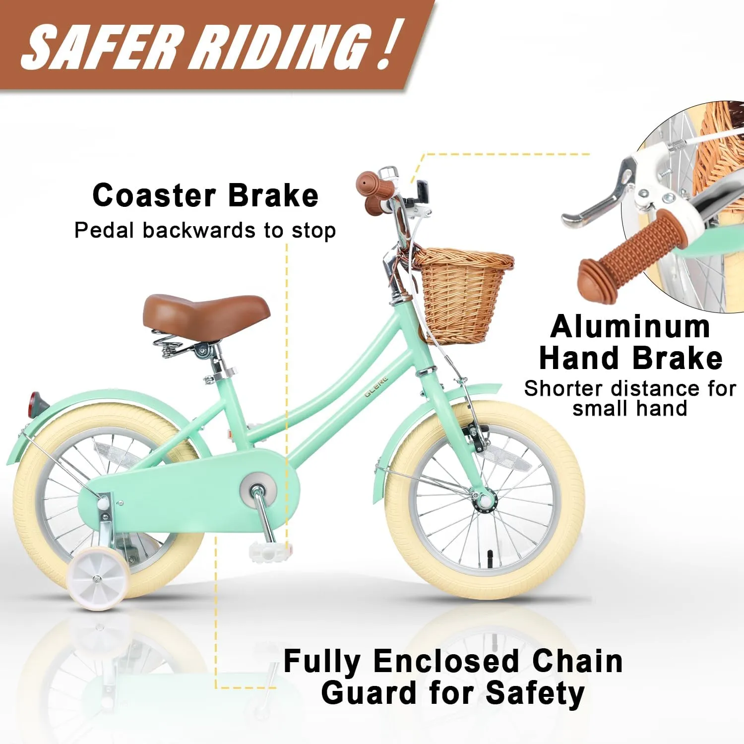Little Molly 12-20 Inch Kids Retro Cruiser Bike for 2-13 Year Old with Wicker Basket & Training Wheels/Kickstand, Multiple Colors