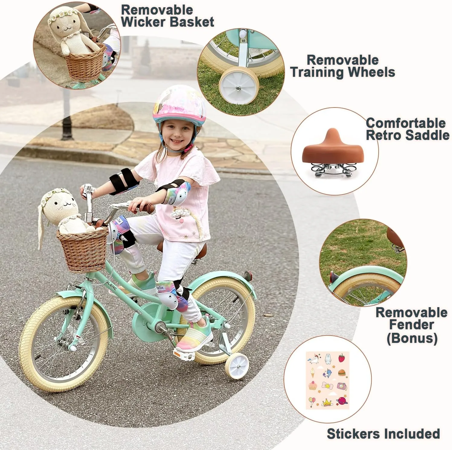 Little Molly 12-20 Inch Kids Retro Cruiser Bike for 2-13 Year Old with Wicker Basket & Training Wheels/Kickstand, Multiple Colors