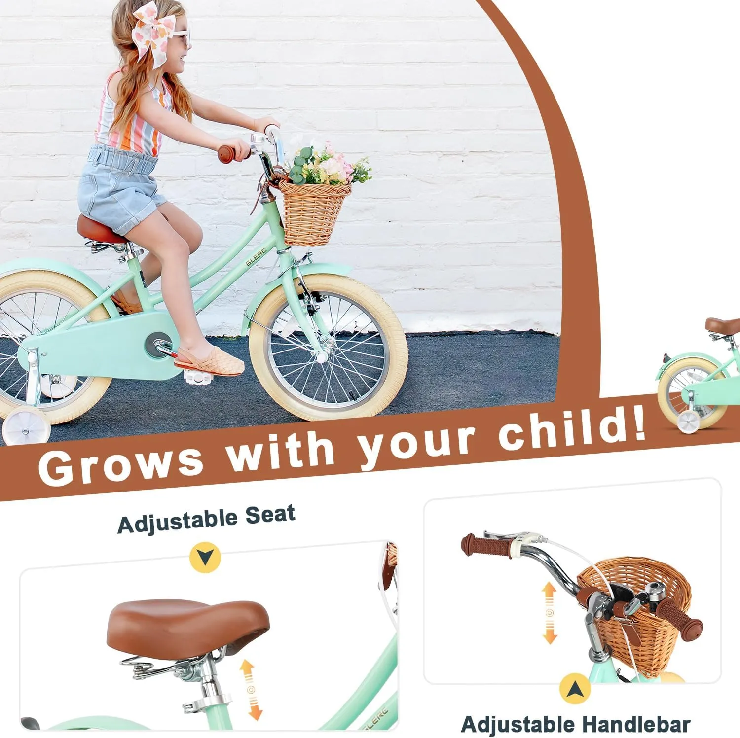 Little Molly 12-20 Inch Kids Retro Cruiser Bike for 2-13 Year Old with Wicker Basket & Training Wheels/Kickstand, Multiple Colors