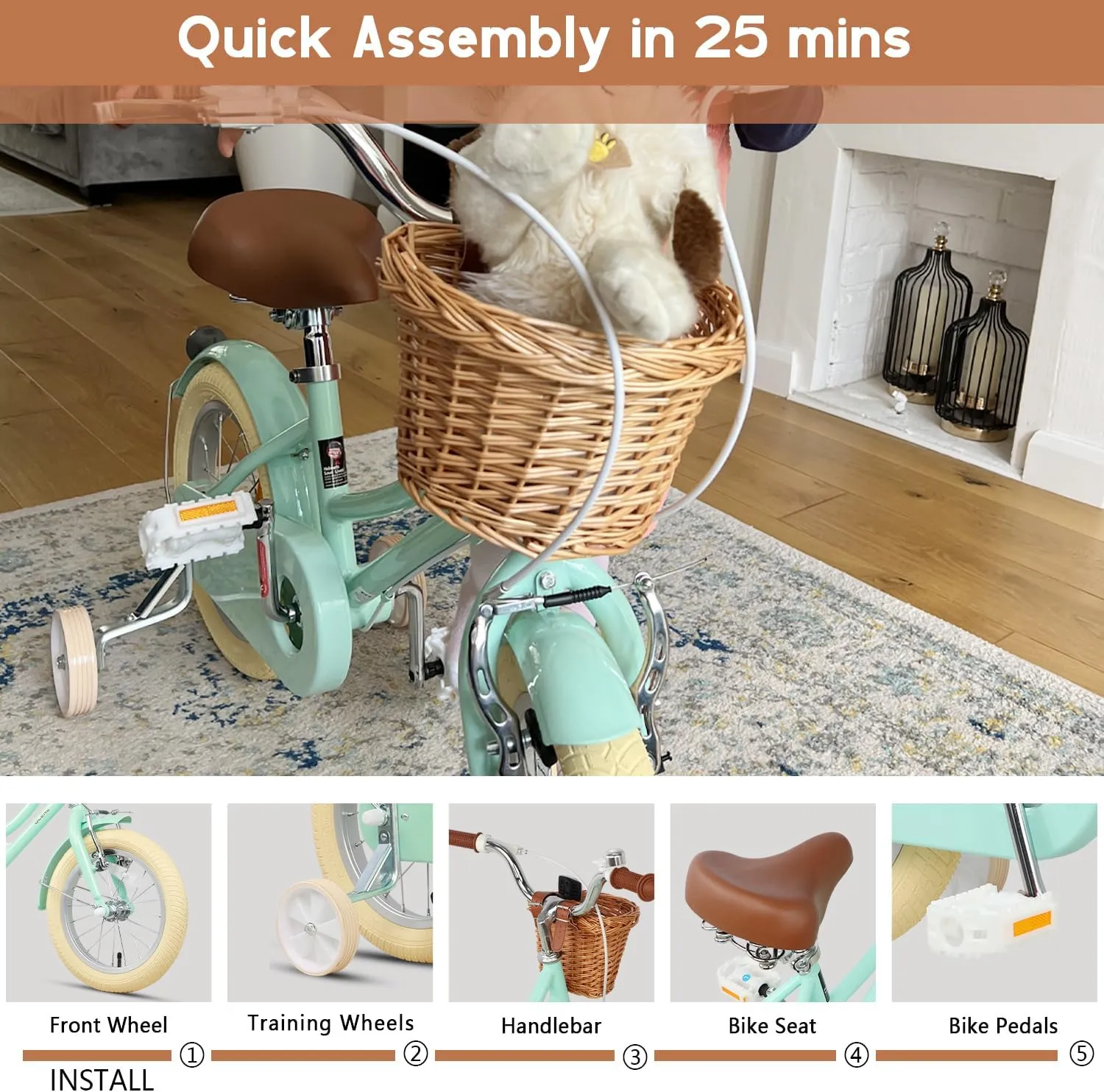 Little Molly 12-20 Inch Kids Retro Cruiser Bike for 2-13 Year Old with Wicker Basket & Training Wheels/Kickstand, Multiple Colors