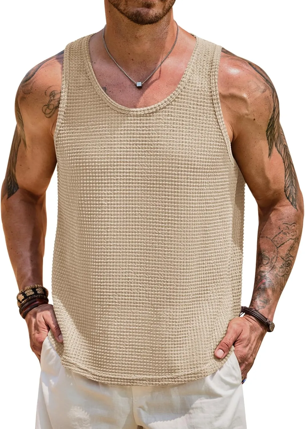 Mens Hollow Out Tank Top Vacation Summer See Through Crochet Sleeveless Shirt Beach Muscle Knit Vest (S-XXL)