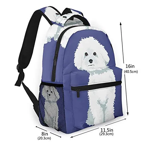 Multi leisure backpack,Breed Fluffy White Bichon Frise Dog One Color, travel sports School bag for adult youth College Students