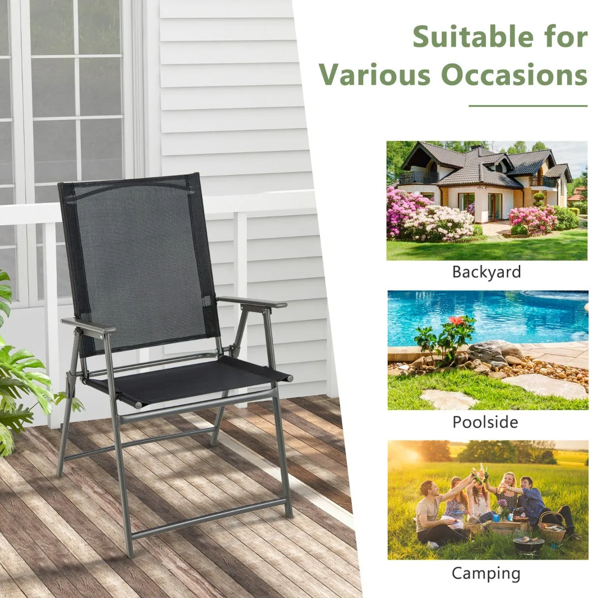 NNECW 2 Pieces Patio Folding Chairs with Rustproof Metal Frame for Garden/Camping