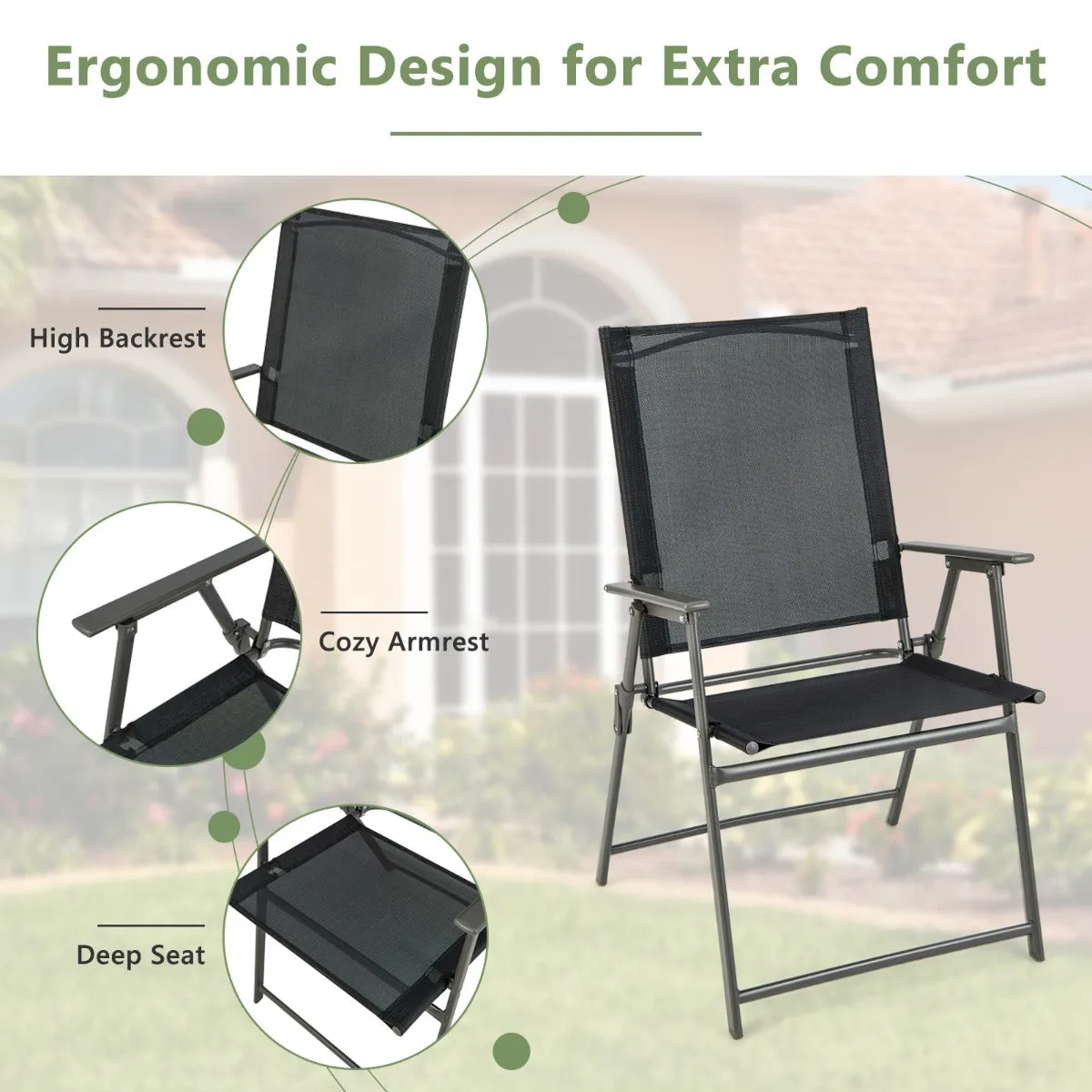 NNECW 2 Pieces Patio Folding Chairs with Rustproof Metal Frame for Garden/Camping