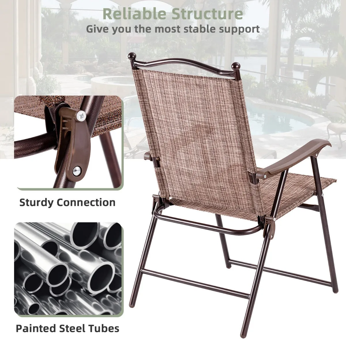 NNECW Set of 2 Patio Folding Chairs with Armrests for Garden Brown