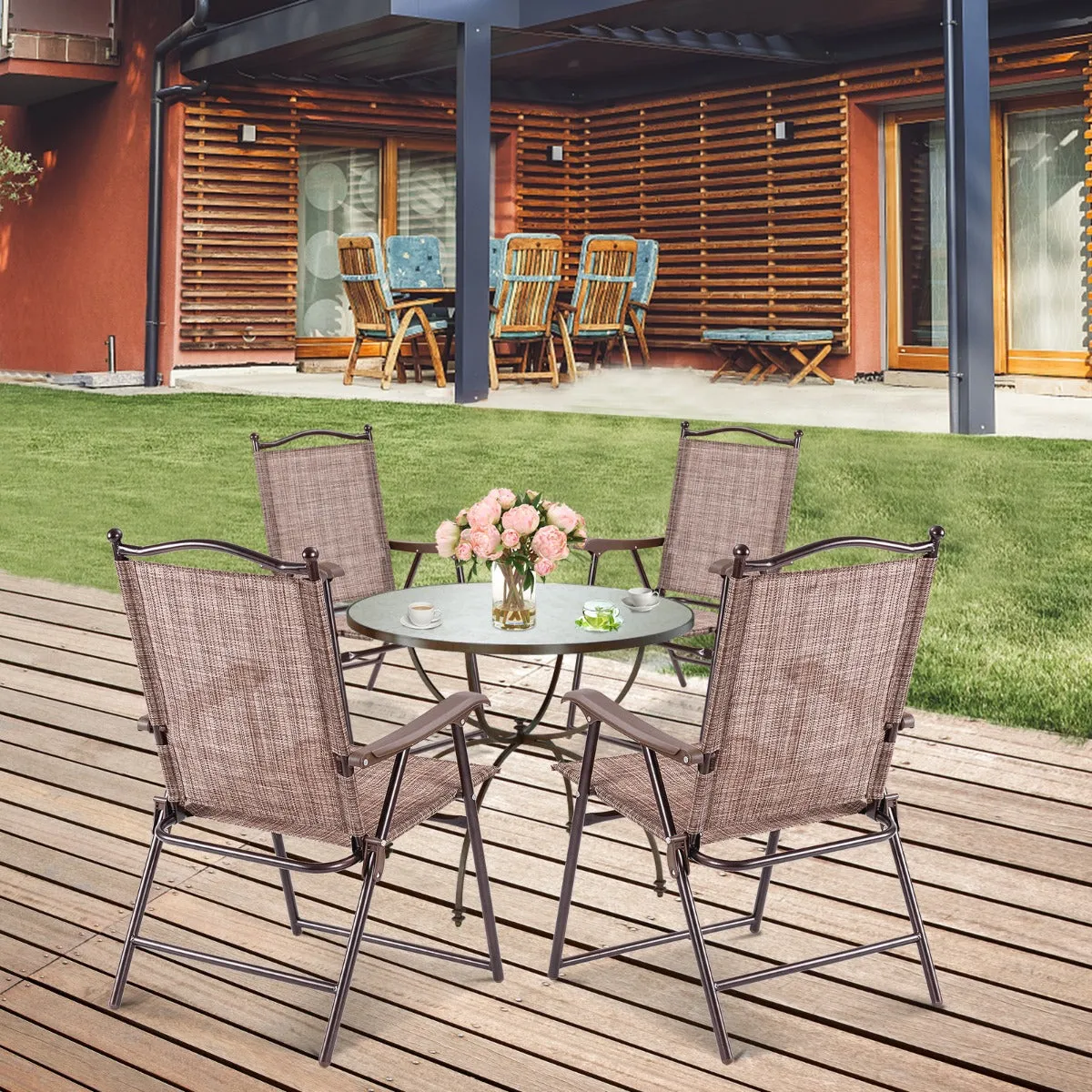 NNECW Set of 2 Patio Folding Chairs with Armrests for Garden Brown