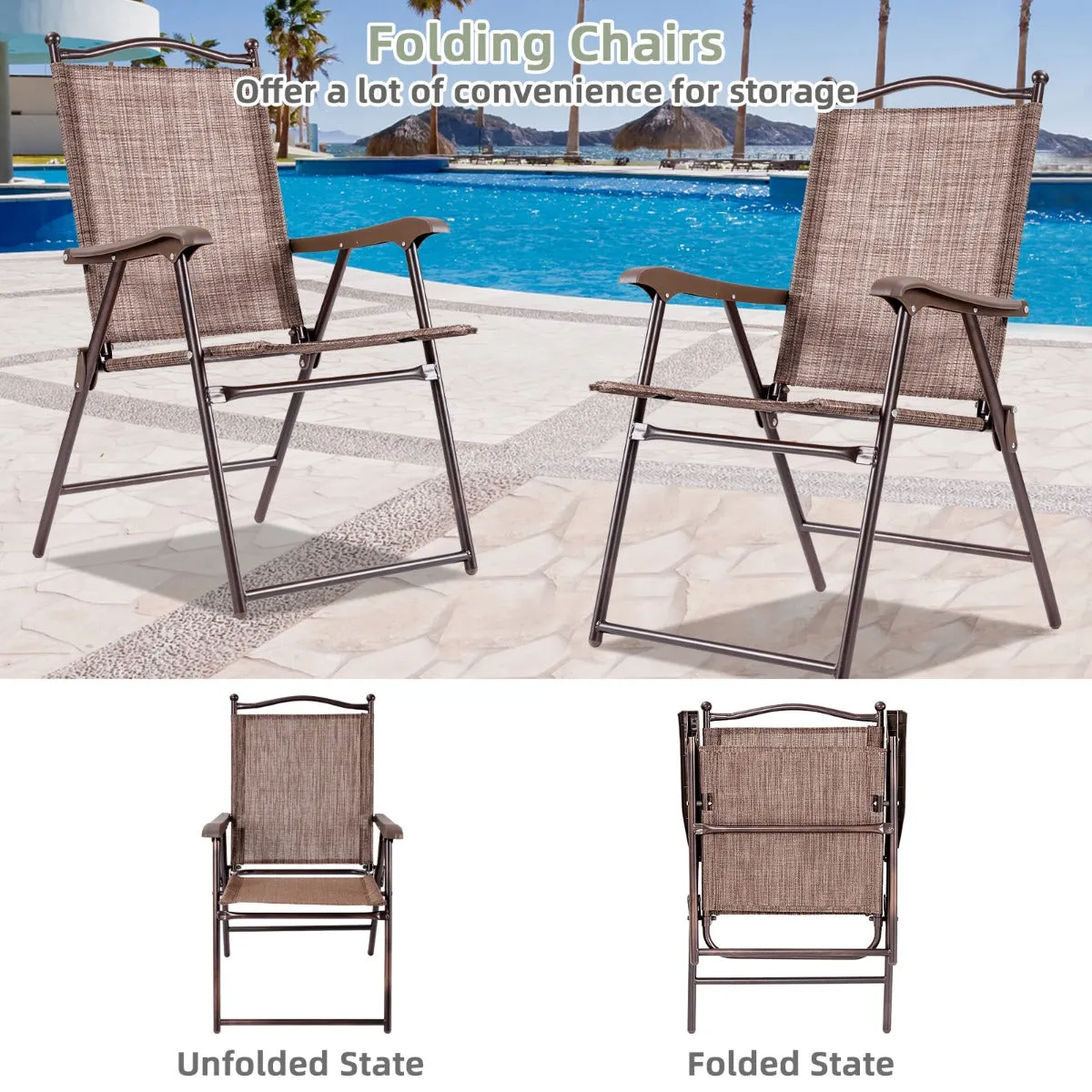 NNECW Set of 2 Patio Folding Chairs with Armrests for Garden Brown