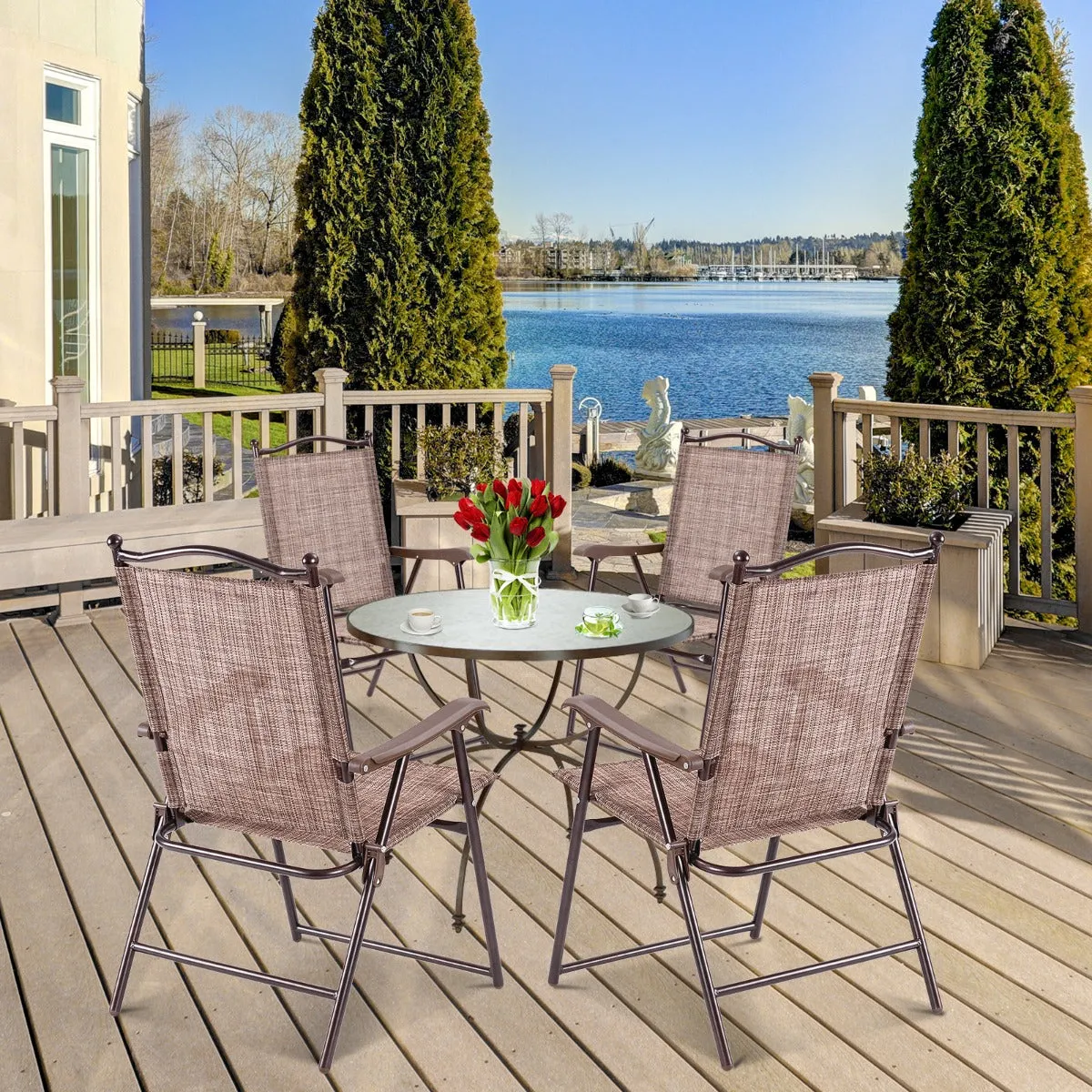 NNECW Set of 2 Patio Folding Chairs with Armrests for Garden Brown