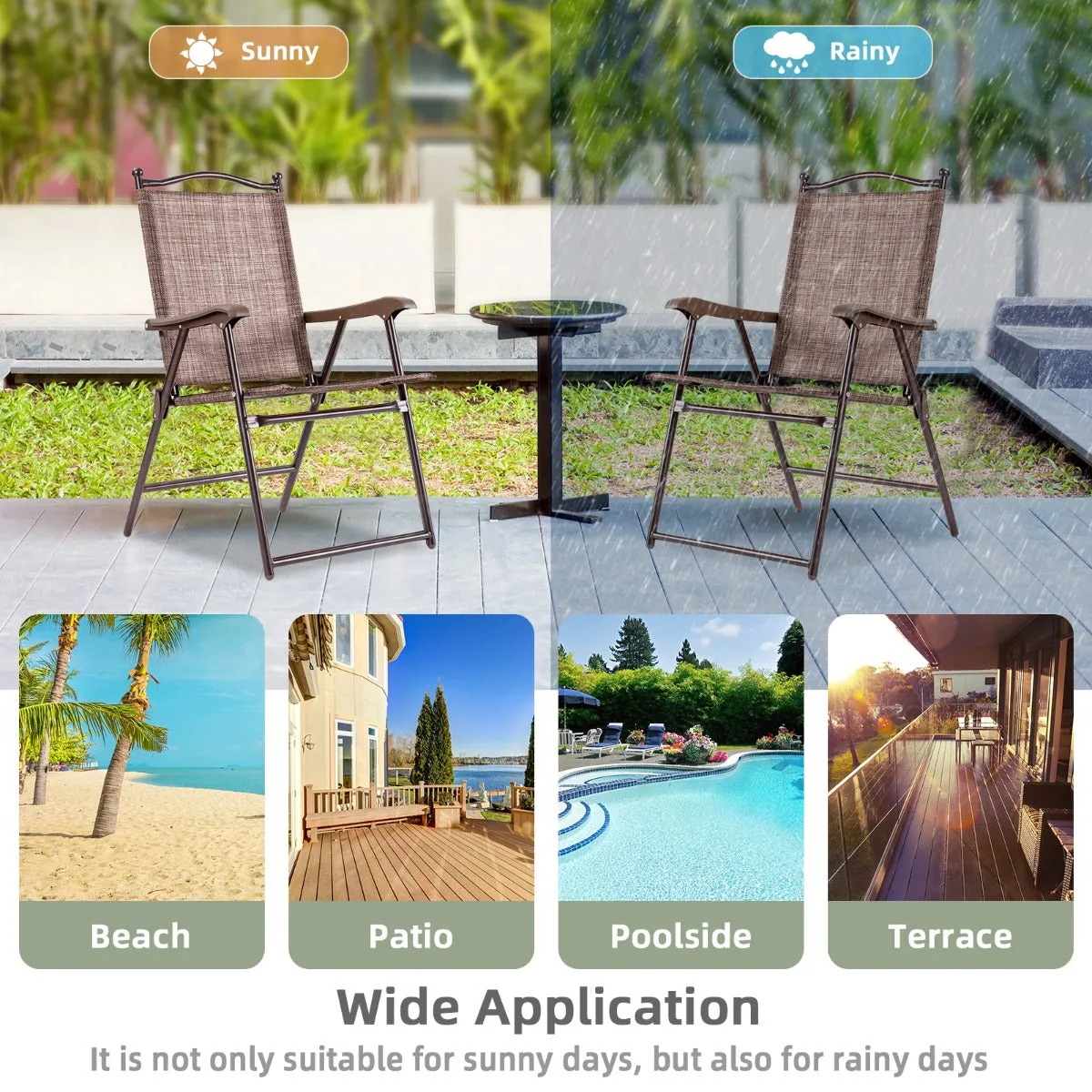 NNECW Set of 2 Patio Folding Chairs with Armrests for Garden Brown