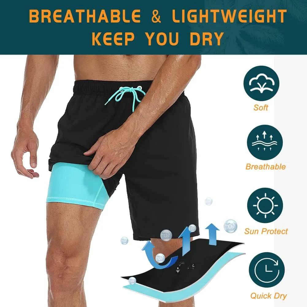 Nonwe Mens Swim Trunks with Compression Liner Quick Dry Hawaiian Bathing Suits 2 in 1 Board Shorts with Pockets