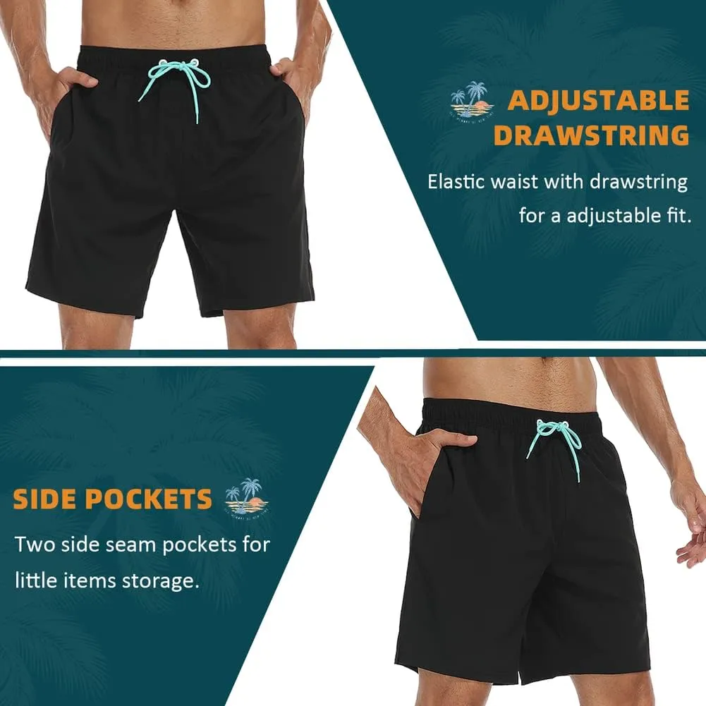 Nonwe Mens Swim Trunks with Compression Liner Quick Dry Hawaiian Bathing Suits 2 in 1 Board Shorts with Pockets