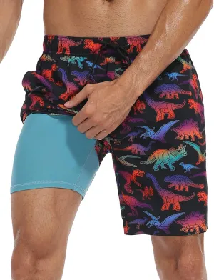 Nonwe Mens Swim Trunks with Compression Liner Quick Dry Hawaiian Bathing Suits 2 in 1 Board Shorts with Pockets
