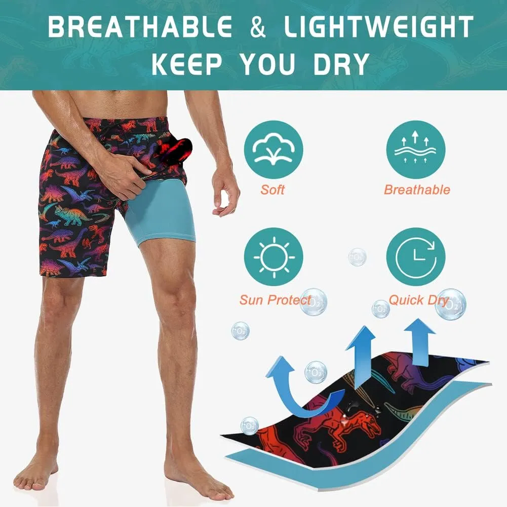 Nonwe Mens Swim Trunks with Compression Liner Quick Dry Hawaiian Bathing Suits 2 in 1 Board Shorts with Pockets