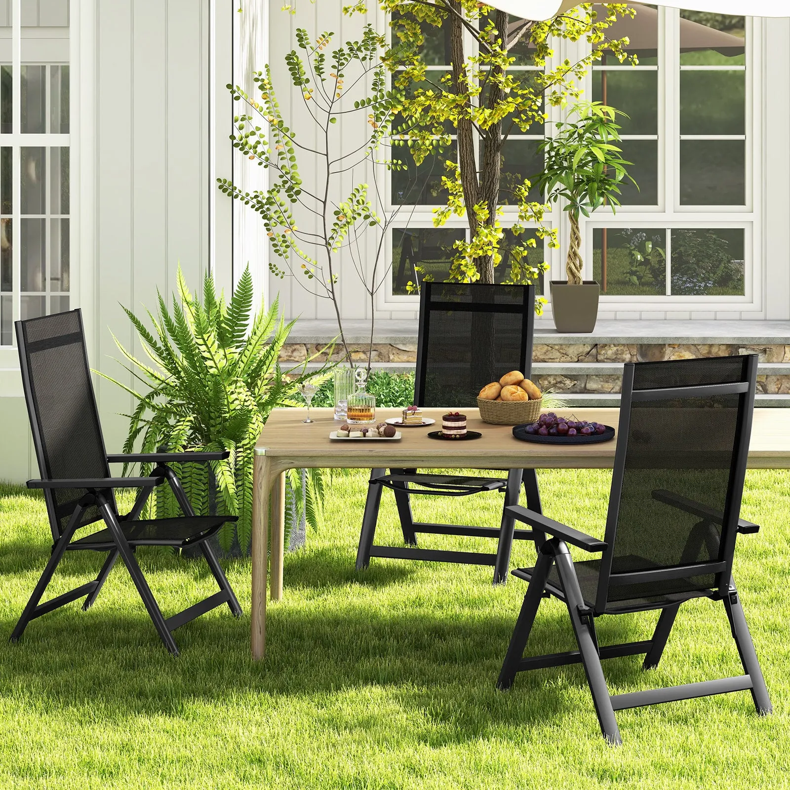 Patio Folding Lightweight Dining Chairs with 7-Position Adjustable High Backrest-Black