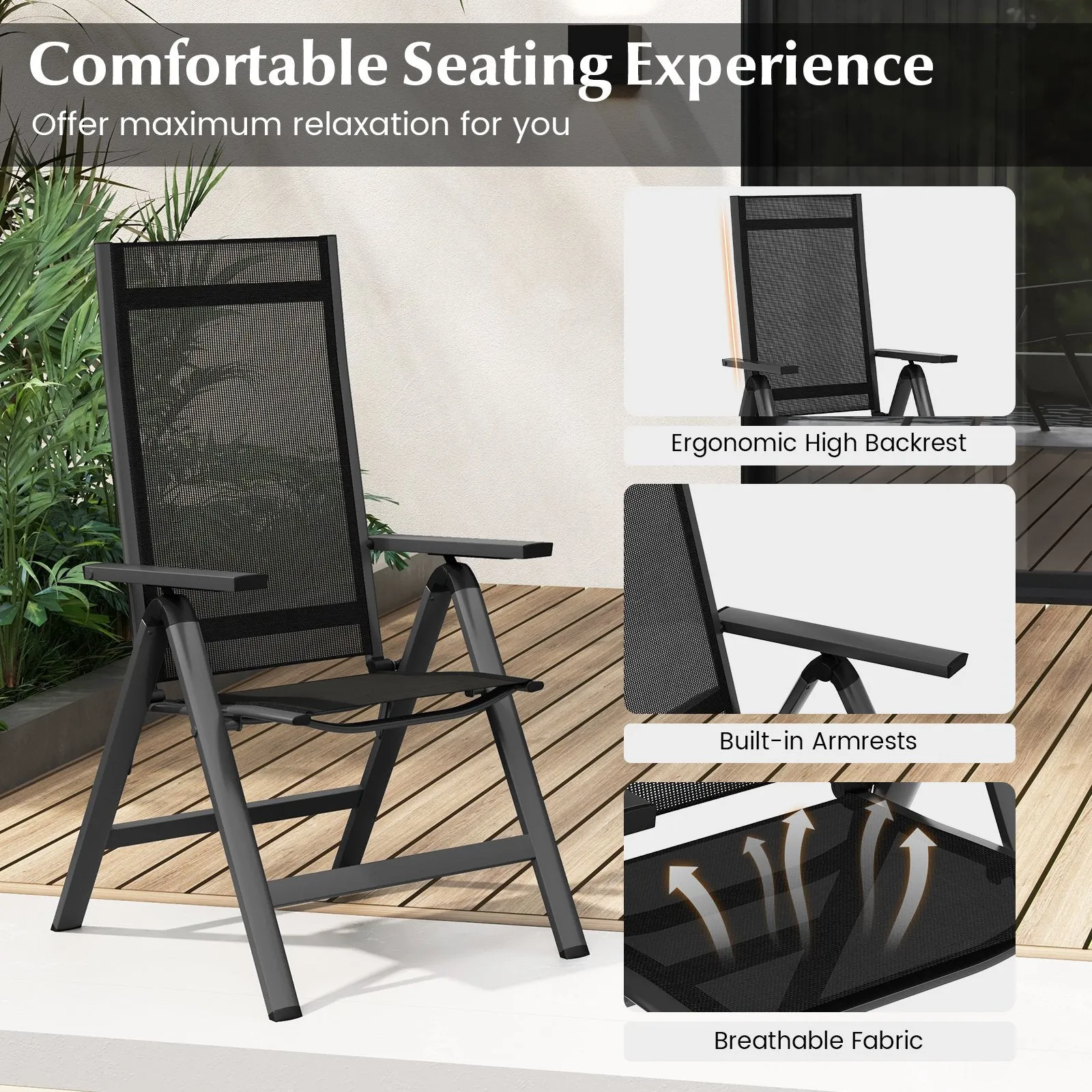 Patio Folding Lightweight Dining Chairs with 7-Position Adjustable High Backrest-Black