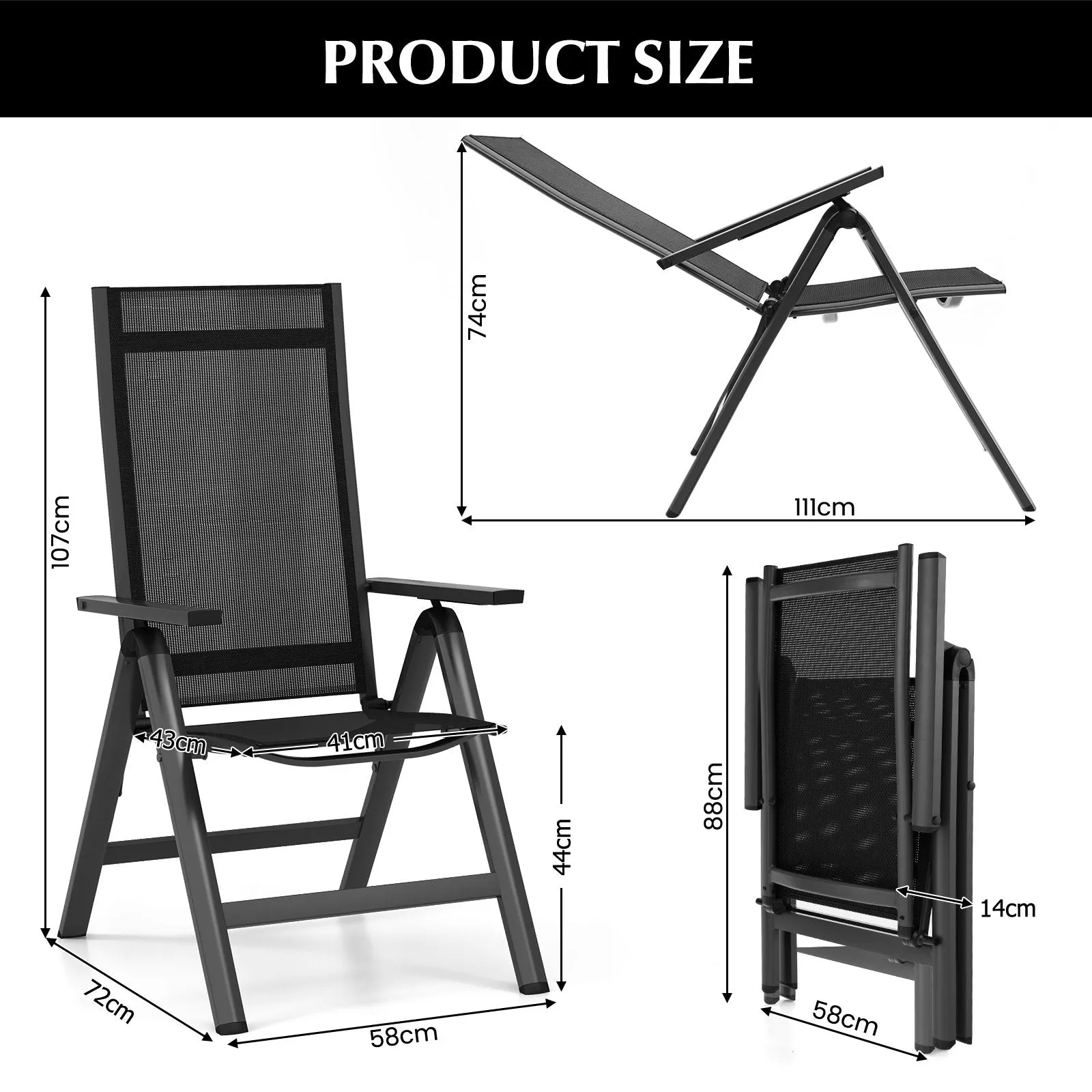 Patio Folding Lightweight Dining Chairs with 7-Position Adjustable High Backrest-Black