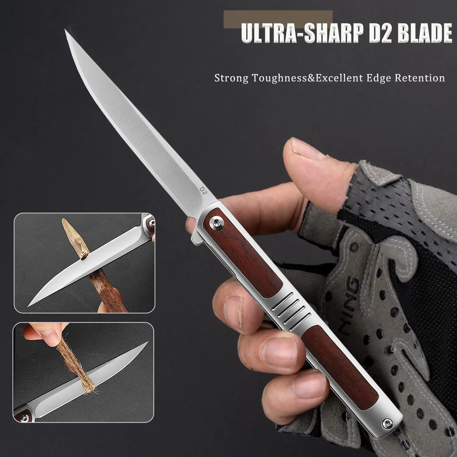 Pocket Knife for Men, Folding Knife with Clip, with D2 Steel Blade, Safety Liner Lock, Sharp Knife for Outdoor Tactical Survival Camping Hunting Fishing, Cool Knifes for Dad