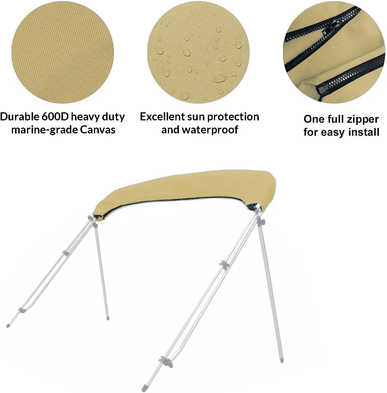 SavvyCraft 3 Bow Bimini Top Replacement Canvas Cover, Durable Marine Grade Canvas Boat Canopy with Storage Boot/Without Frame, 3 Bow 72" L 85"-90" W Beige Color