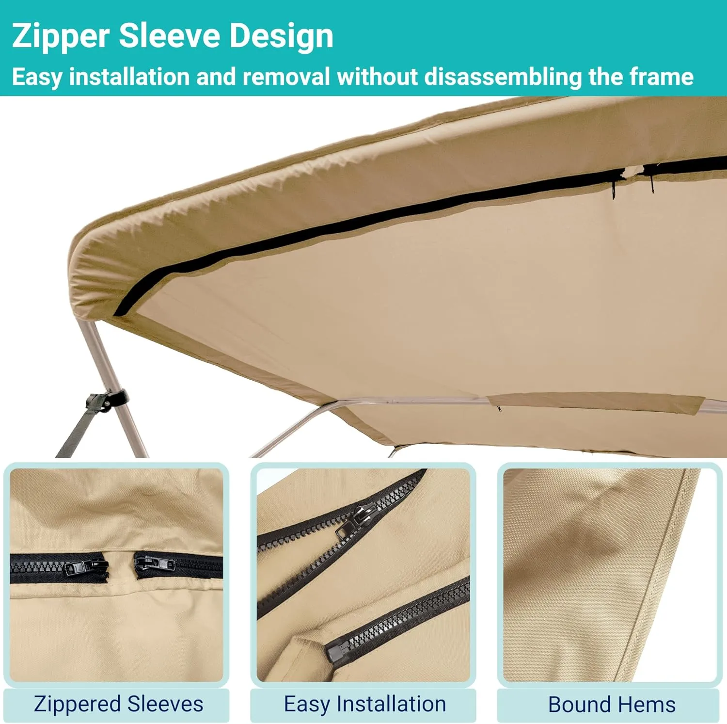 SavvyCraft 3 Bow Bimini Top Replacement Canvas Cover, Durable Marine Grade Canvas Boat Canopy with Storage Boot/Without Frame, 3 Bow 72" L 85"-90" W Beige Color