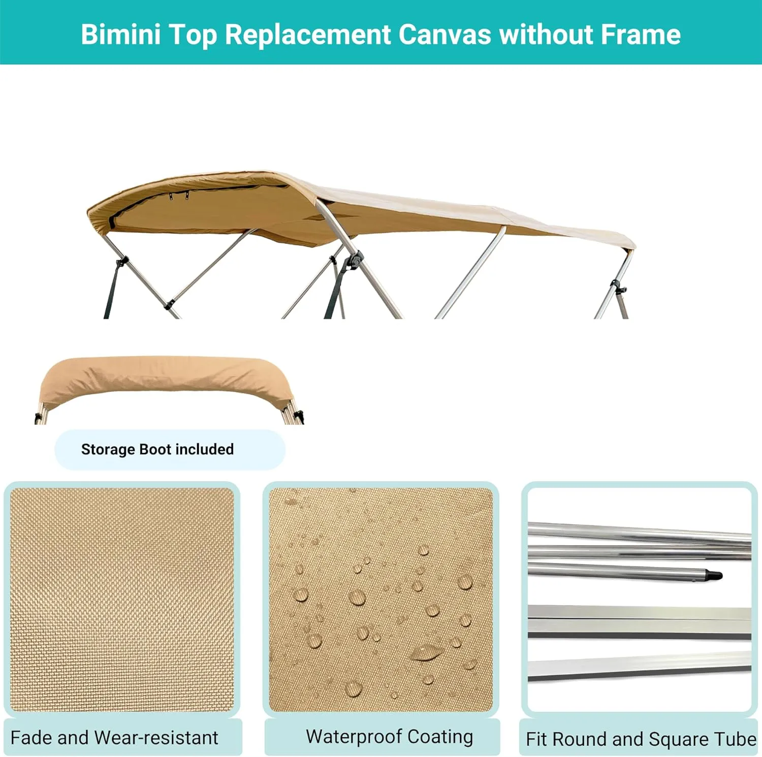 SavvyCraft 3 Bow Bimini Top Replacement Canvas Cover, Durable Marine Grade Canvas Boat Canopy with Storage Boot/Without Frame, 3 Bow 72" L 85"-90" W Beige Color