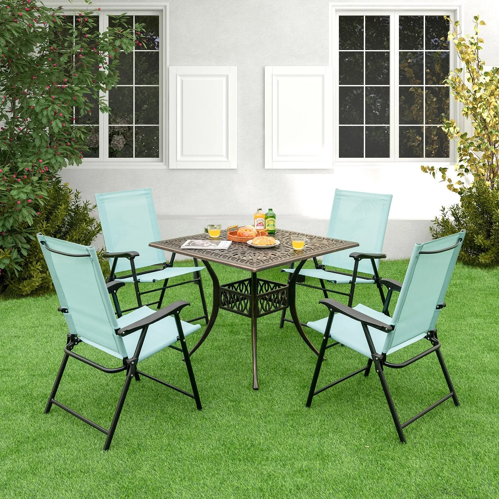 Set of 2 Folding Garden Chairs with Armrests for Yard Lawn Poolside-Green