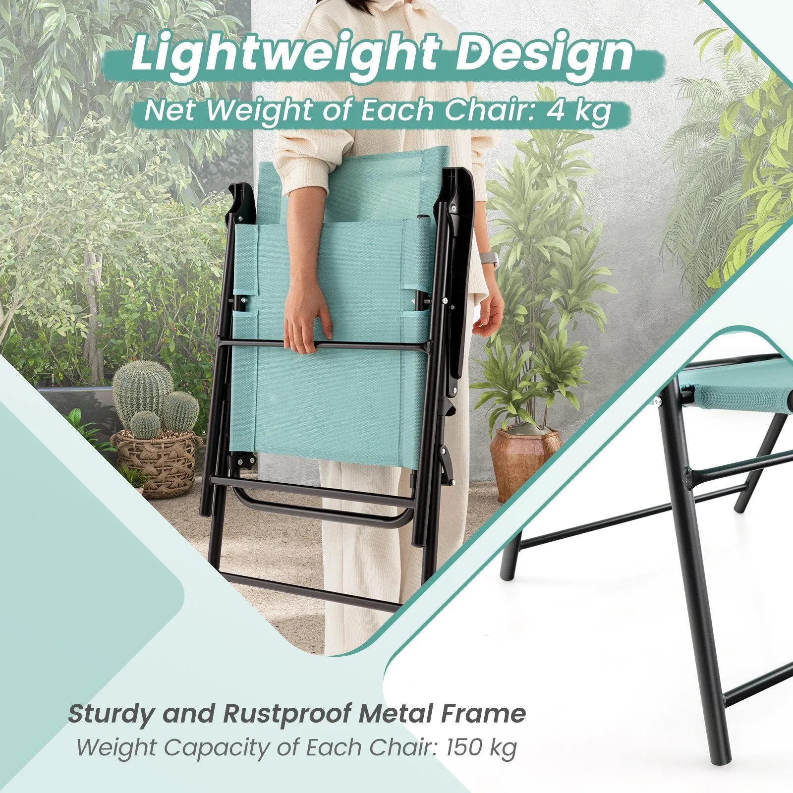 Set of 2 Folding Garden Chairs with Armrests for Yard Lawn Poolside-Green