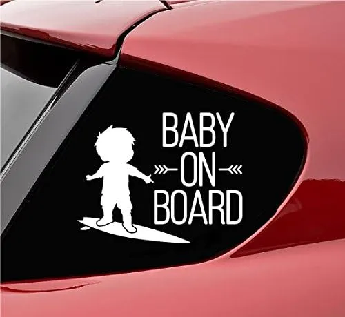 Slap-Art Baby on Board with Baby on surf Board Vinyl Decal Sticker (White)